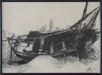 Dessin, craie noire, Barque, fracassée