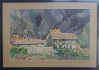 Peinture, aquarelle, montagne, bâtisse