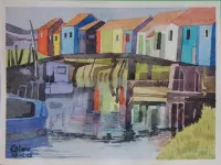 Peinture, aquarelle, Cabanes, pêcheurs