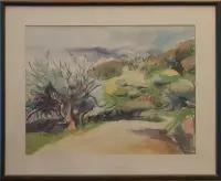 Peinture, aquarelle, Crète, olivier, chemin