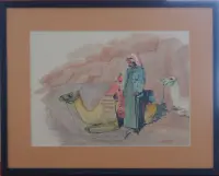 Peinture, aquarelle, Jordanie, Dromadaires, caravanier