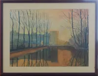 Peinture, aquarelle, rivière, hiver